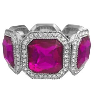 Dark Pink Fuchsia Large Square Rhinestone Formal Stretch Bracelet